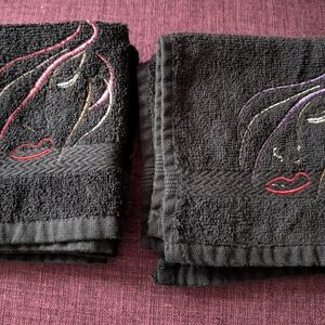 Embroidered Black Towels with Face Design